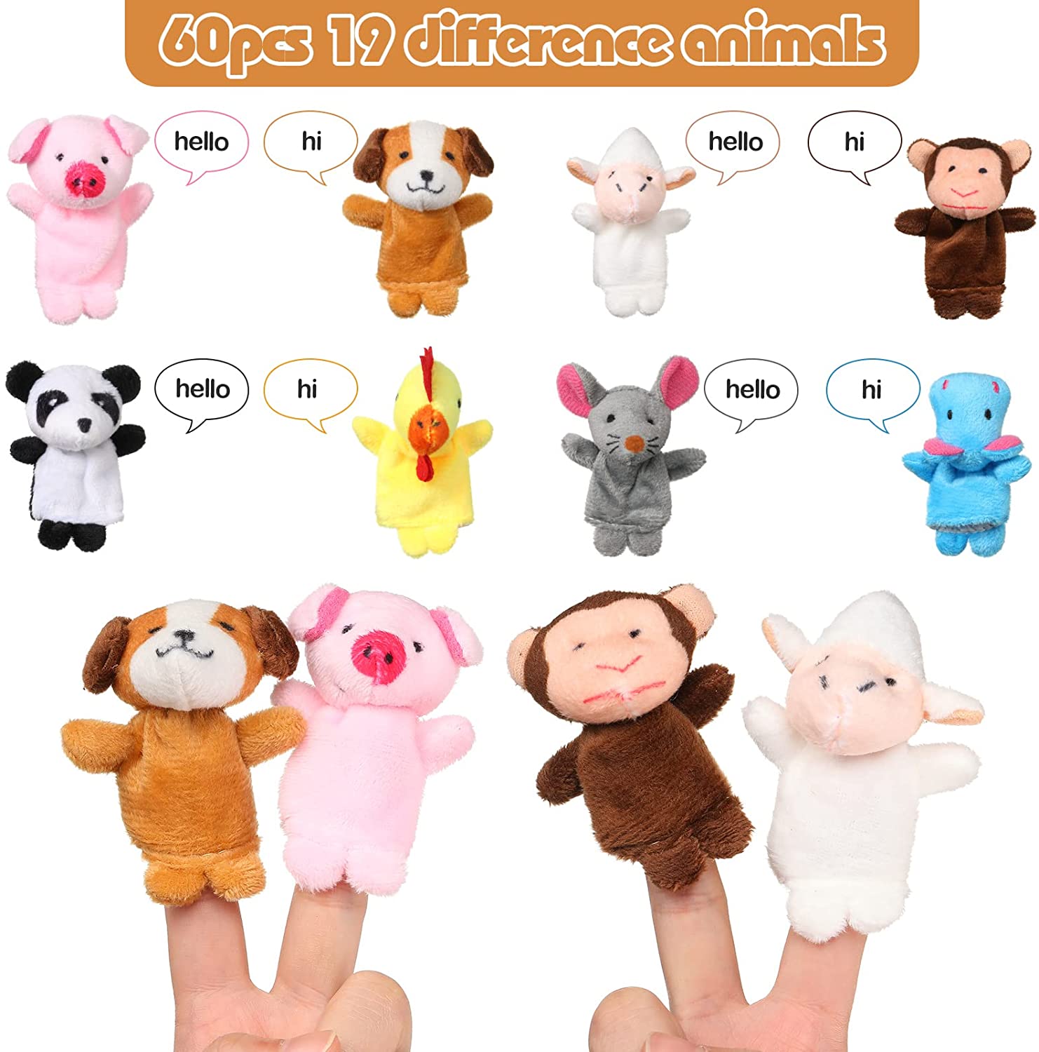 60 Pcs Finger Puppets Set,Different Stuffed Animals Finger Puppets for Role Playing, Teaching