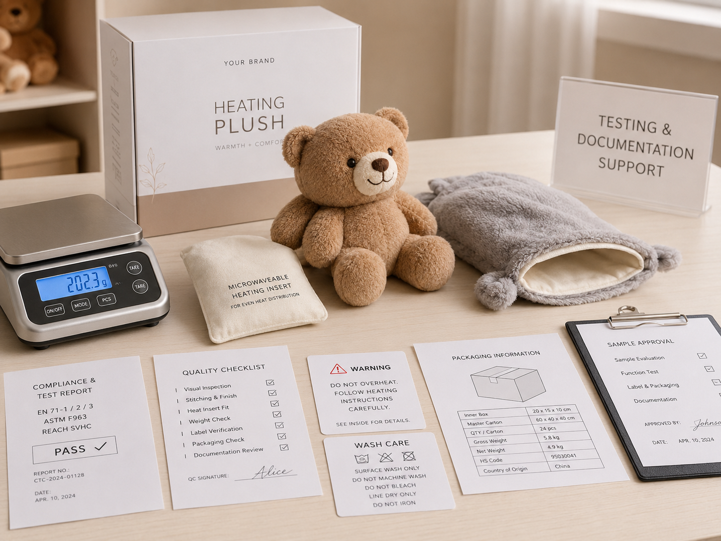 Testing and documentation support for heating plush toys with test reports quality checklist warning label wash care label and packaging information