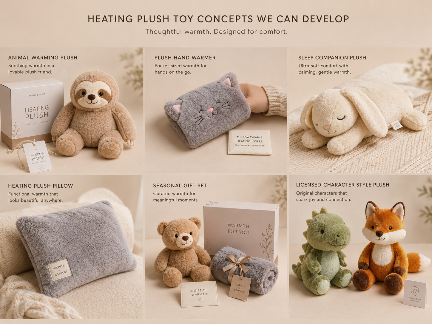 Heating plush toy concepts including animal warming plush hand warmer sleep companion plush heating plush pillow seasonal gift set and licensed character style plush