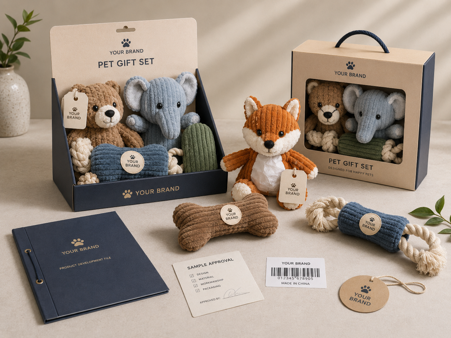 Retail-ready pet gift set with plush toys hang tags header cards and display box