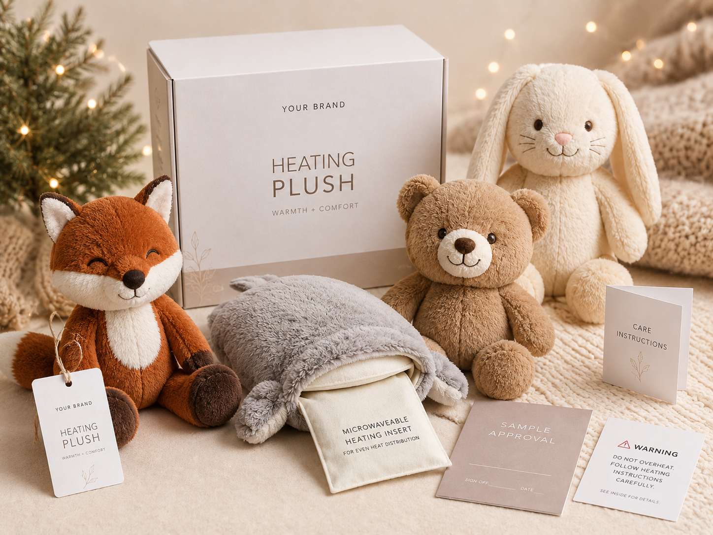 Cozy heating plush toy gift set scene with plush animals retail box removable heating insert warning card and care instructions
