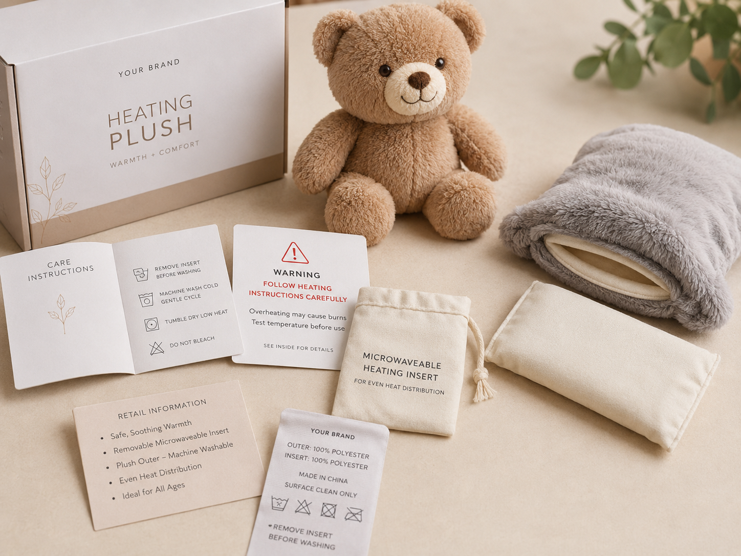 Safety labels care instructions warning card and removable heating insert for microwaveable heating plush toys