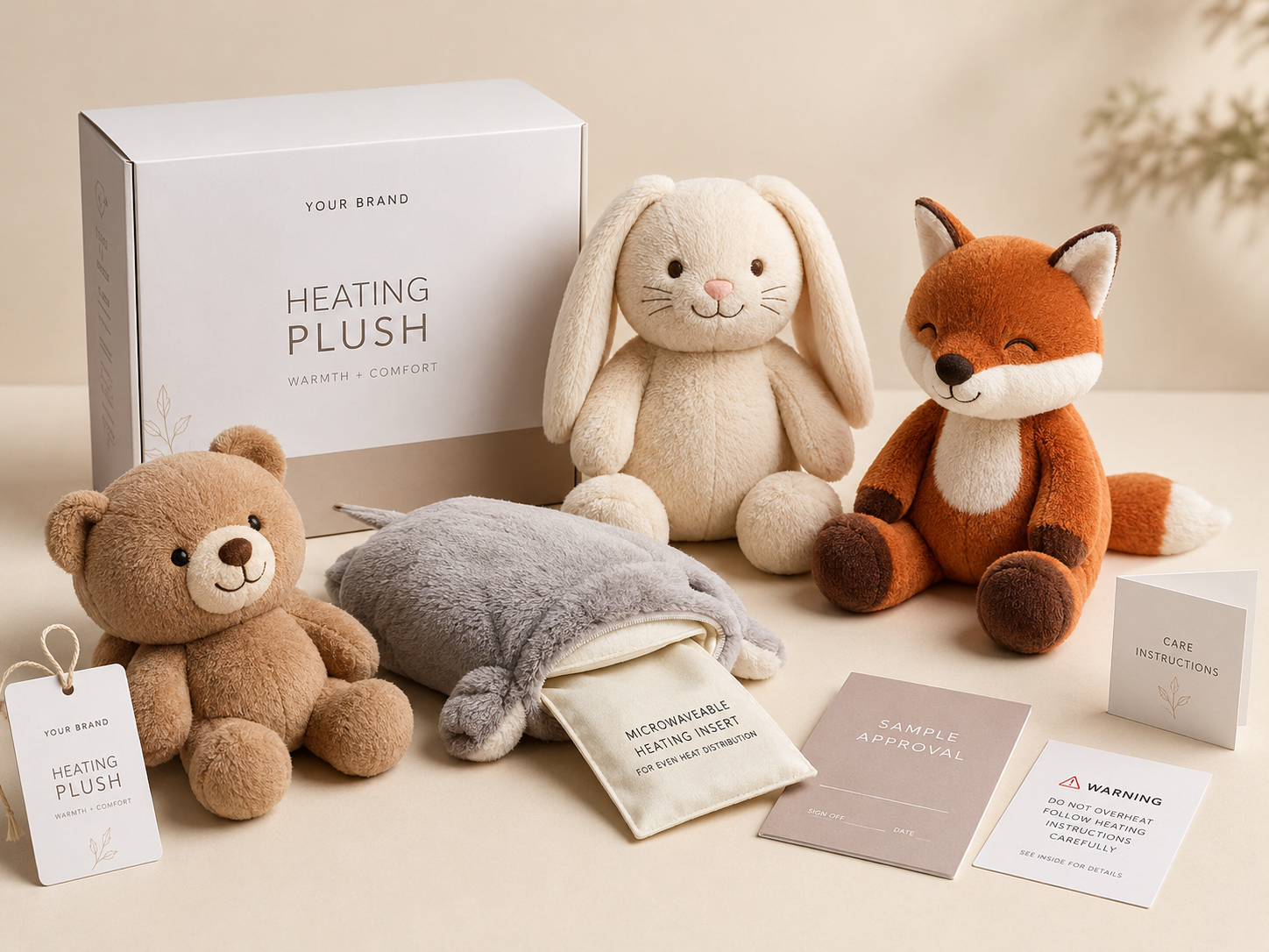 Custom microwaveable heating plush toys with removable heating insert retail box warning card and care instructions