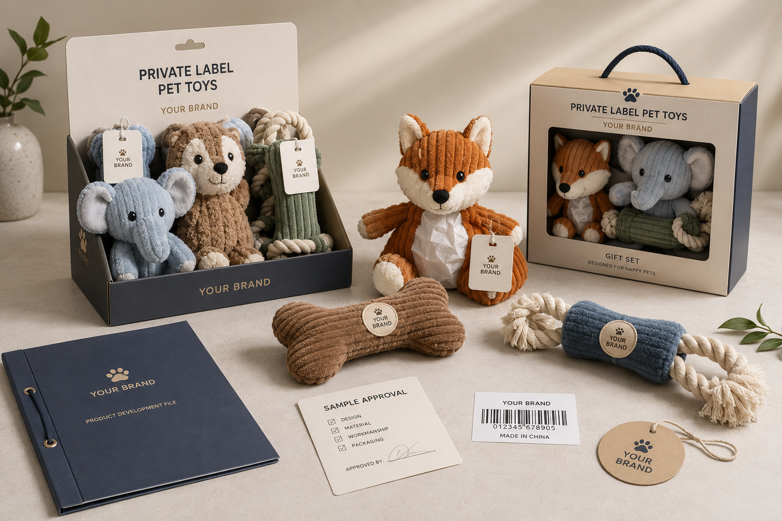 Custom plush pet toys with shelf-ready packaging for private label and licensed pet product programs