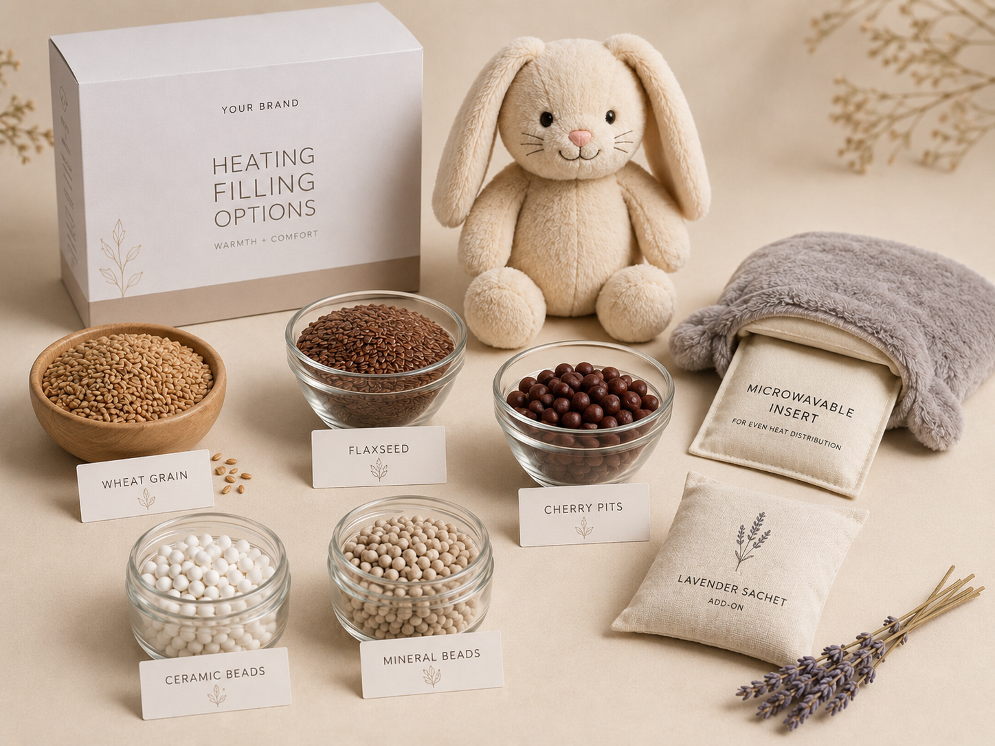 Heating filling options for microwaveable plush toys including wheat grain flaxseed cherry pits ceramic beads mineral beads and lavender sachet