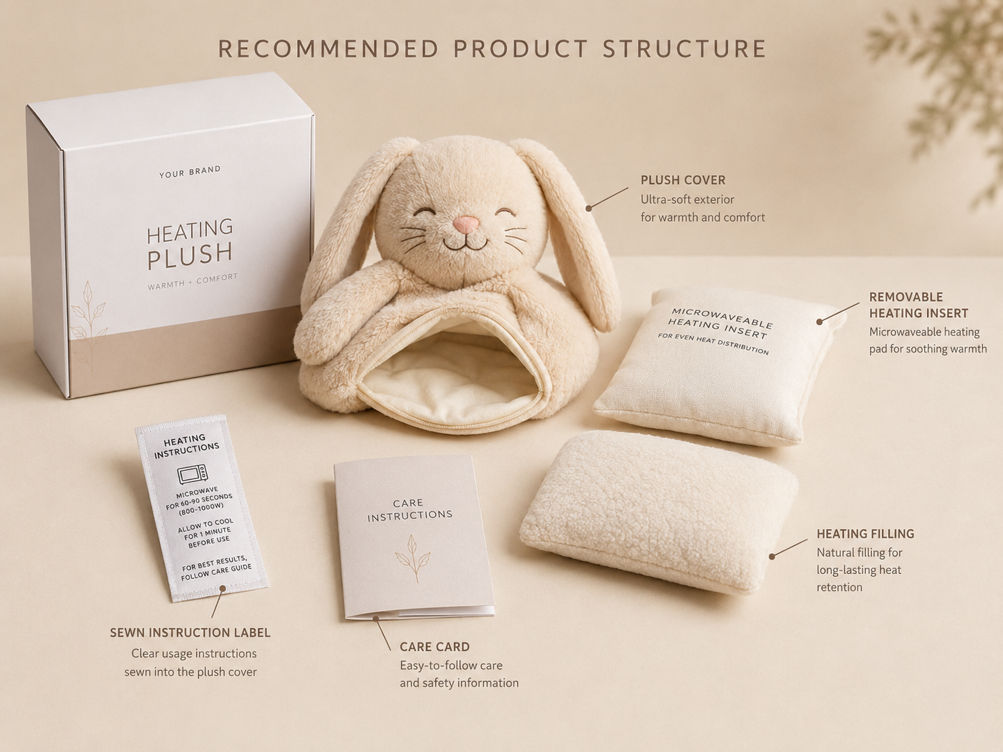 Recommended structure for microwaveable heating plush toy with plush cover removable heating insert filling and instruction label