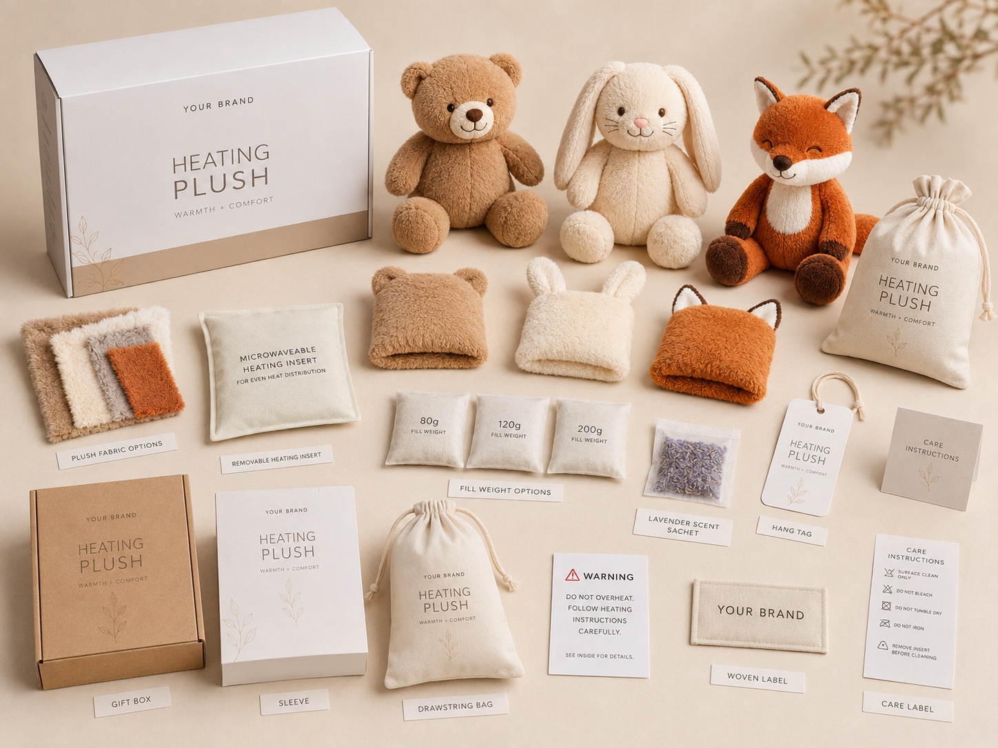 Custom development options for heating plush toys including animal shapes fabric options removable inserts fill weights lavender sachets packaging and labels